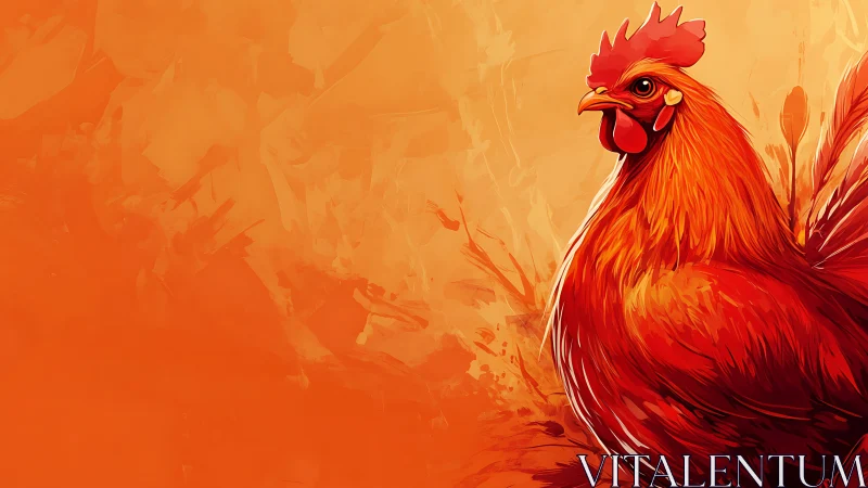 Vibrant Red Rooster Against Warm Orange Background