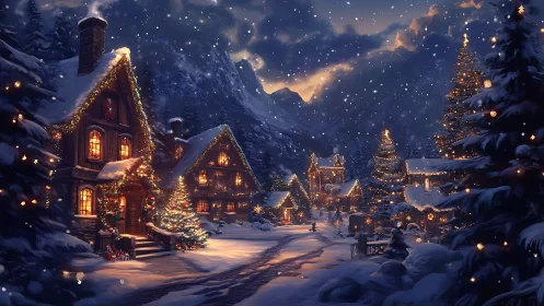 Snowlit village of golden windows and whispering firs.