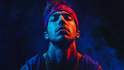 Portrait uses dual color lighting on subject against dark field