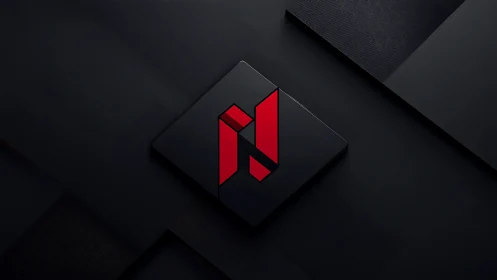 Geometric red emblem is centered on layered dark panels