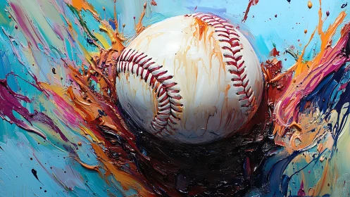 Baseball sphere collides with multicolor paint explosion