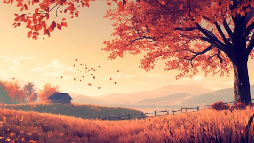 Autumn hillside landscape with stylized warm lighting and depth cues