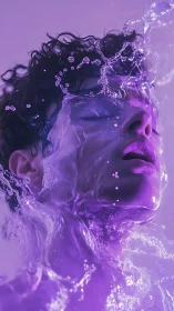 Iridescent water splash enveloping human face in violet light