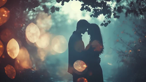 Two Silhouettes Embrace Beneath Glowing Canopy.