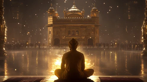 Golden temple reflection with meditating figure at night.