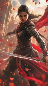 Fierce warrior in red scarf defends a burning ruined city