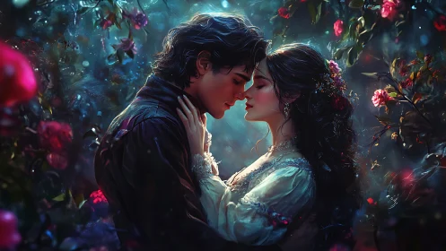 Digital rendering of two figures in romantic proximity surrounded by volumetric light and botanical 