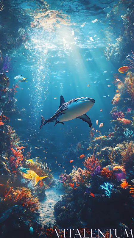 Sunlit reef kingdom with a cruising shark at coral crossroads.