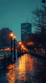 Rain-soaked riverside promenade under warm city lights.