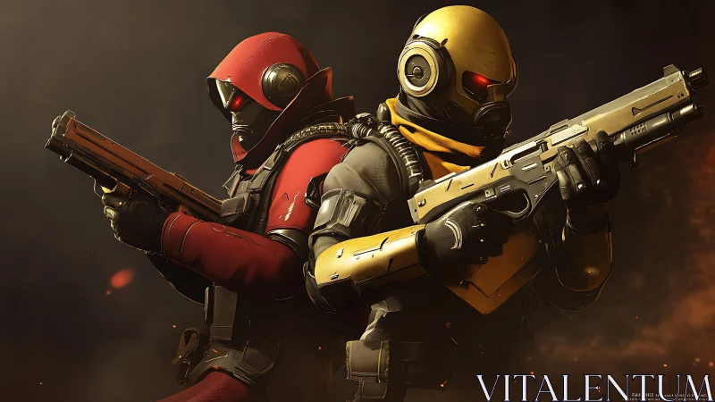 Armored sci fi soldiers back to back with rifles ready.