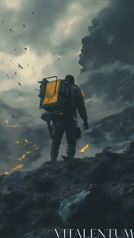 Lone explorer surveying volcanic wasteland under ash clouds.