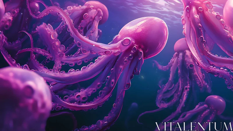 Bioluminescent pink octopus swarm in ethereal ocean light.
