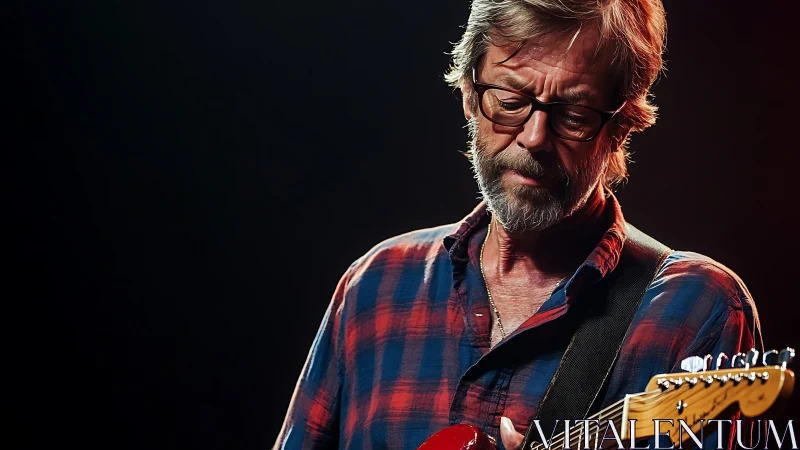 Guitarist in plaid shirt focused on electric performance.