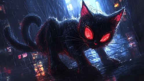 Cyber-noir black cat with glowing red eyes stalks in rain