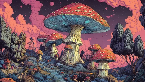 Towering luminescent mushrooms under surreal nebula sky.