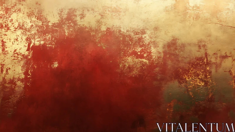 Textured crimson and gold abstract field, layered oil surface.