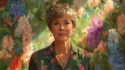 Mature woman stands against vibrant painterly floral backdrop