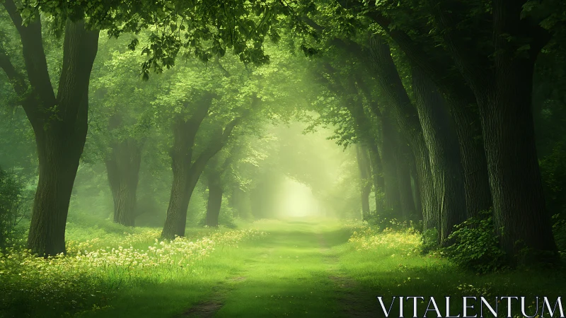 Luminous forest corridor with towering trees and dappled morning light breakthrough.
