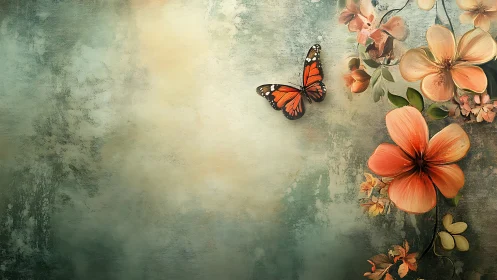 Orange butterfly hovers beside lush coral flowers on teal wall