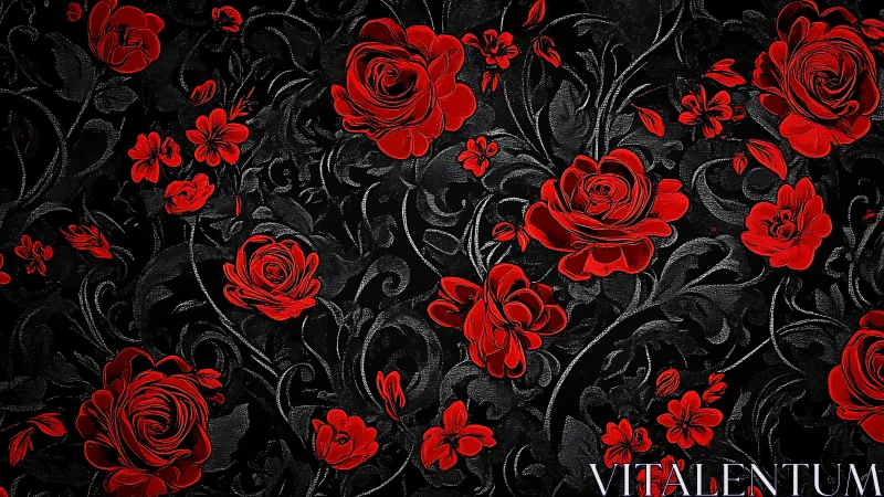 Red Roses on Black Damask Background.