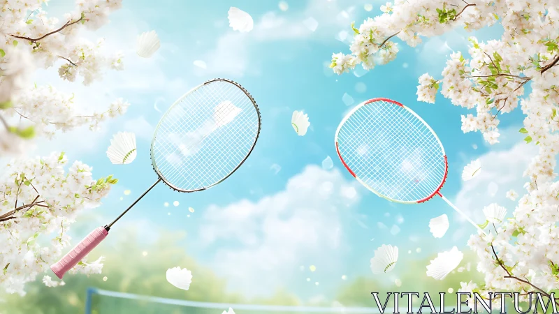 Badminton rackets and shuttlecocks among flowering branches.