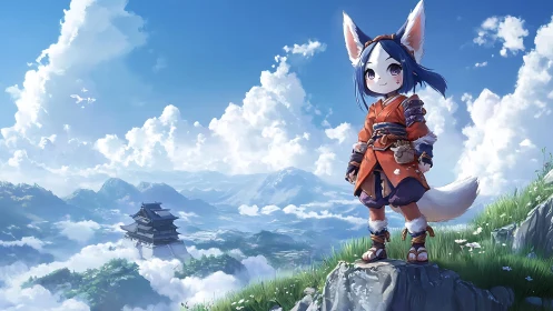 Fox-eared child stands on cliff above layered cloud valley