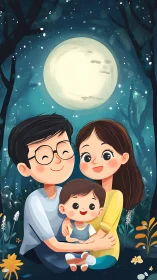 Family Bonding Under Moonlight in Forest Setting.