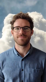 Portrait of a smiling man before towering soft clouds.