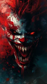 Vertical close-up of demonic clown face with splattered dual-color lighting