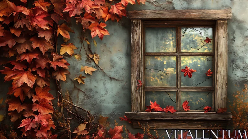 Golden autumn leaves drift softly across an old window