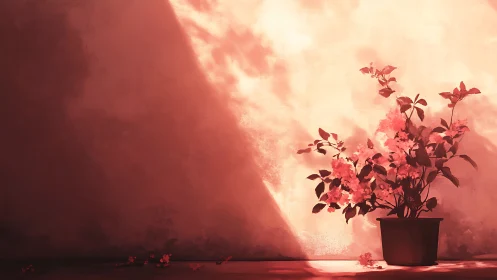 Backlit potted flowers cast dramatic shadows on warm wall