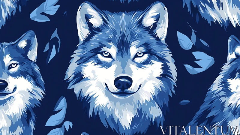 Stylized blue-toned wolf heads on dark patterned background.