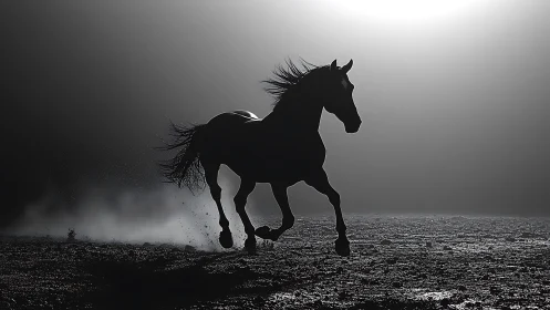 Silhouette of galloping horse on misty ground at sunrise.