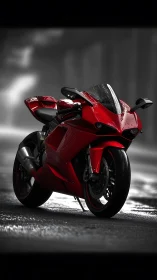 Aerodynamic red superbike on wet asphalt in dramatic light.