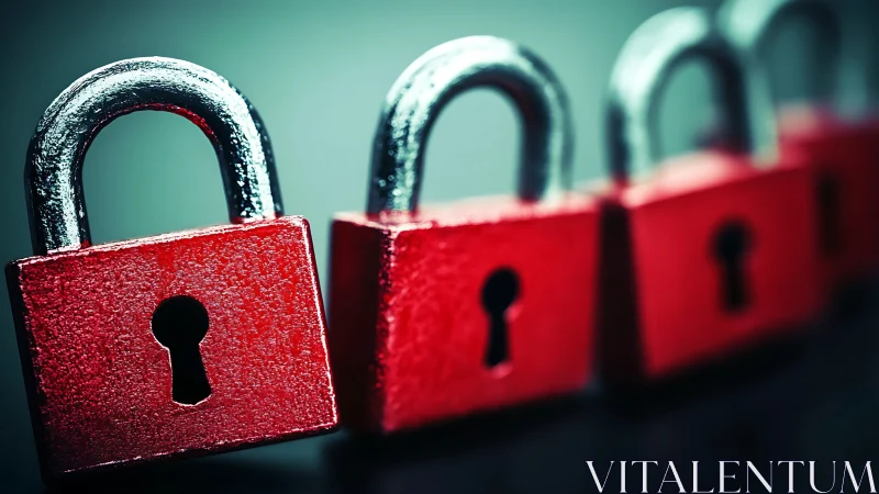 Macro depth-of-field study of aligned red steel padlocks.