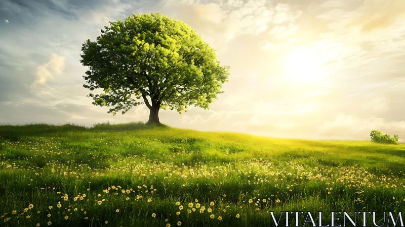 Sunlit hilltop guardian tree above a meadow of whispers.