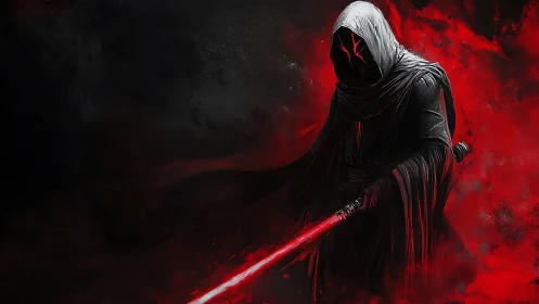 Hooded dark warrior wielding glowing red energy blade.