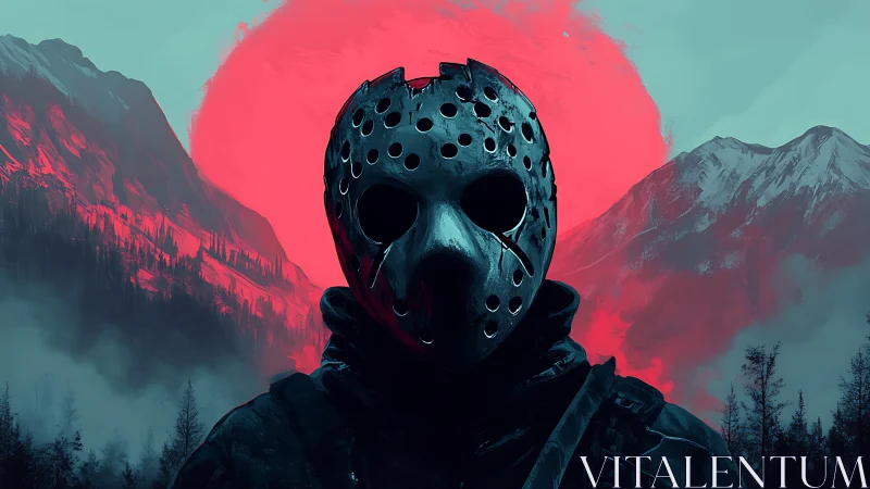 Masked figure stands before red sun and misty mountain valley