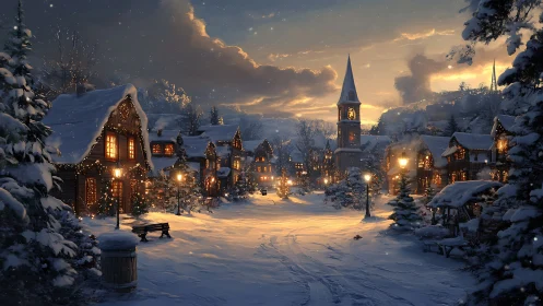 Snow-lit alpine village street rendered in cinematic winter light