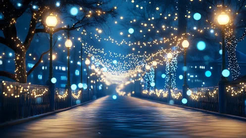 Winter bridge illuminated by dreamy blue bokeh lights.