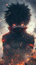 Incendiary masked antihero in dramatic anime inferno portrait.