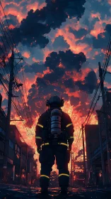 Firefighter in Urban Setting with Large-Scale Fire