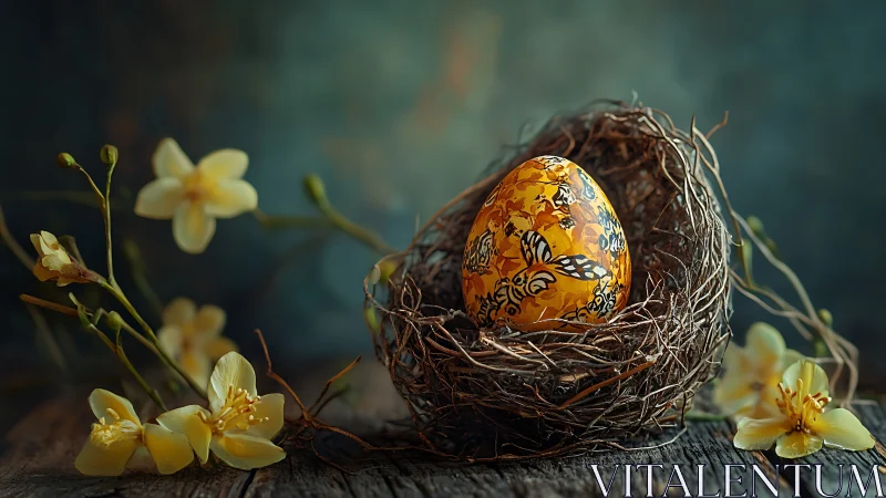 Decorated golden egg in nest with yellow flowers on wood.