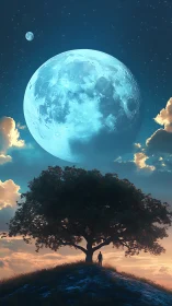 Quiet moonlit hill where a lone dreamer greets the sky.