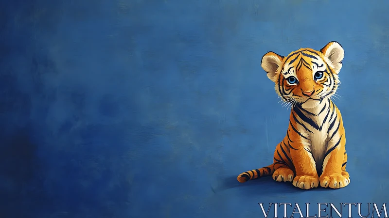 Baby tiger cub illustration on textured cobalt backdrop.