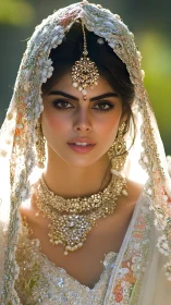 Bride in ornate bridal jewelry and embroidered veil looks ahead