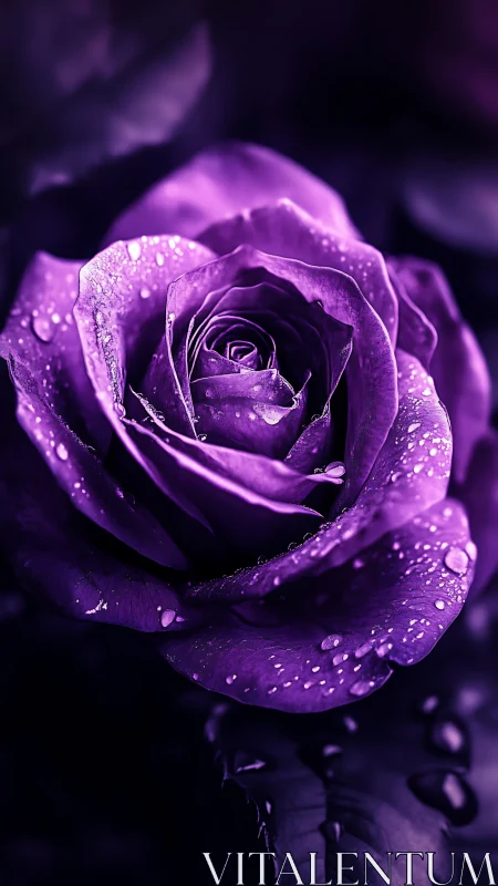 Purple rose with dewdrops against dark backdrop.