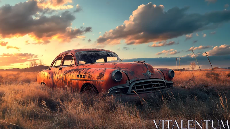 Weathered vintage car in overgrown rural grassland at dusk.