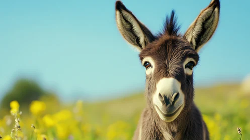 Close-up juvenile donkey portrait in sunny meadow bokeh
