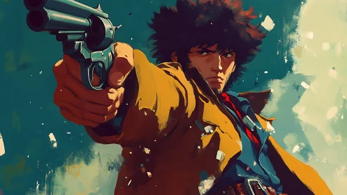 Gunman extends revolver toward viewer in bold anime frame.